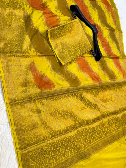 multicolour Dupion silk hand brush print Banarasi saree