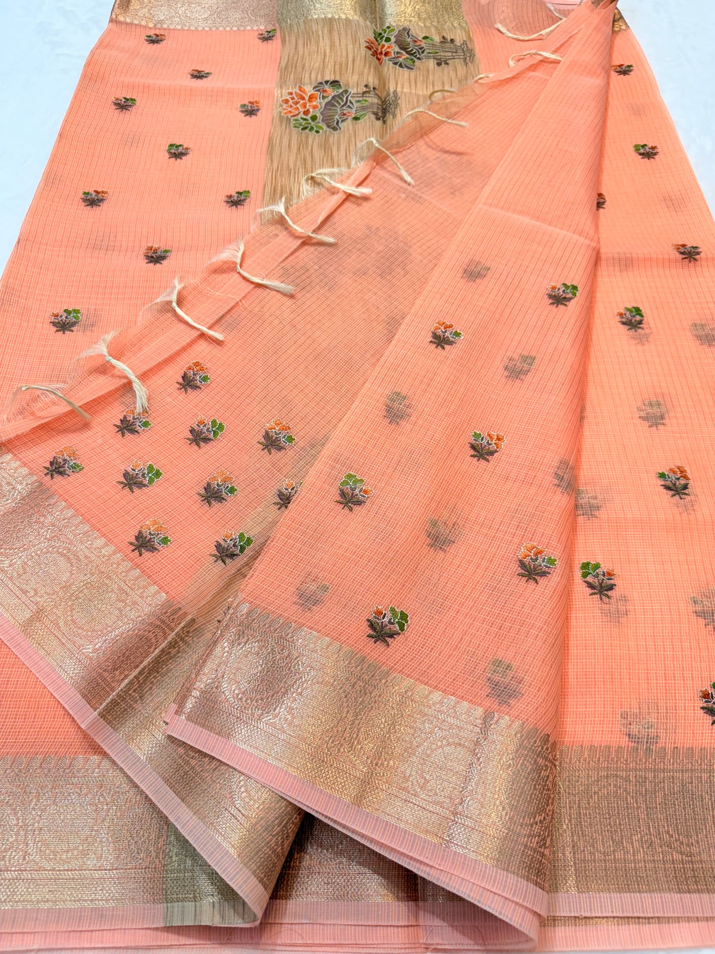 Peach shade cotton kota embroidery Banarasi saree