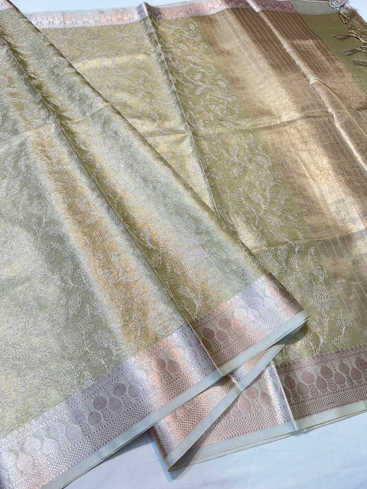 Pista green shade tissue kota embroidery primum Banarasi saree