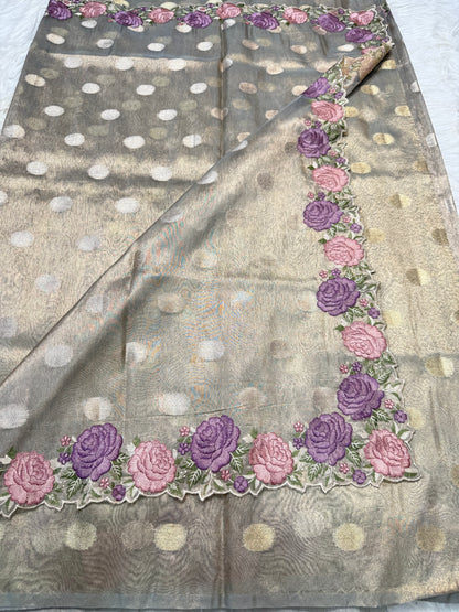 Banarasi tissue cutwork embroidery saree
