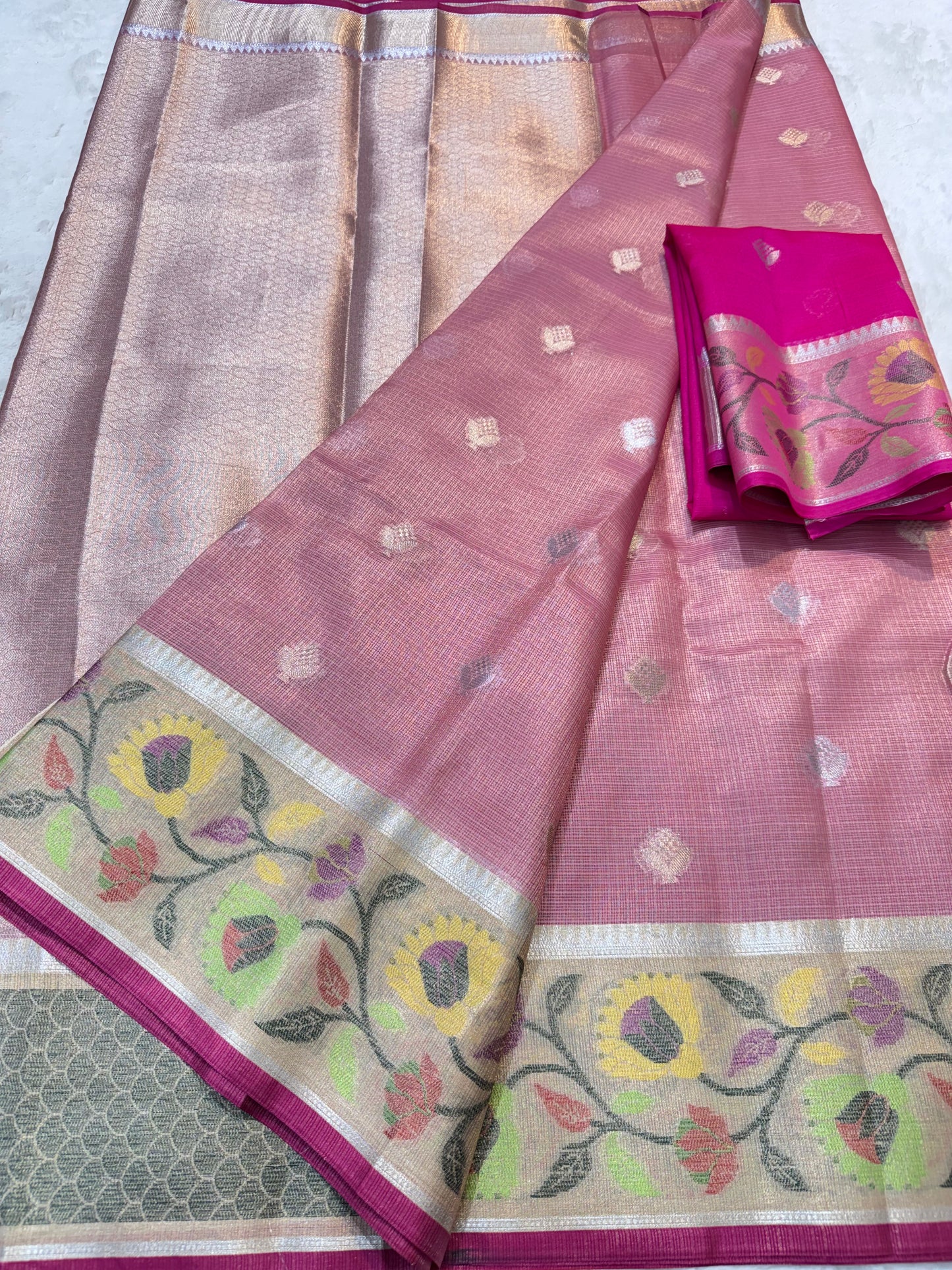 Royal pink & multicolour shade tissue kota premium paithani border designer banarasi saree