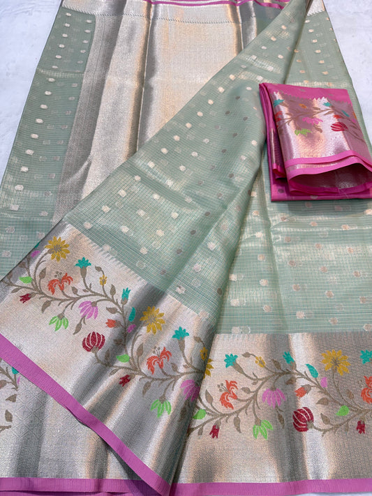 Pista green & multicolour shade tissue kota premium paithani border designer banarasi saree