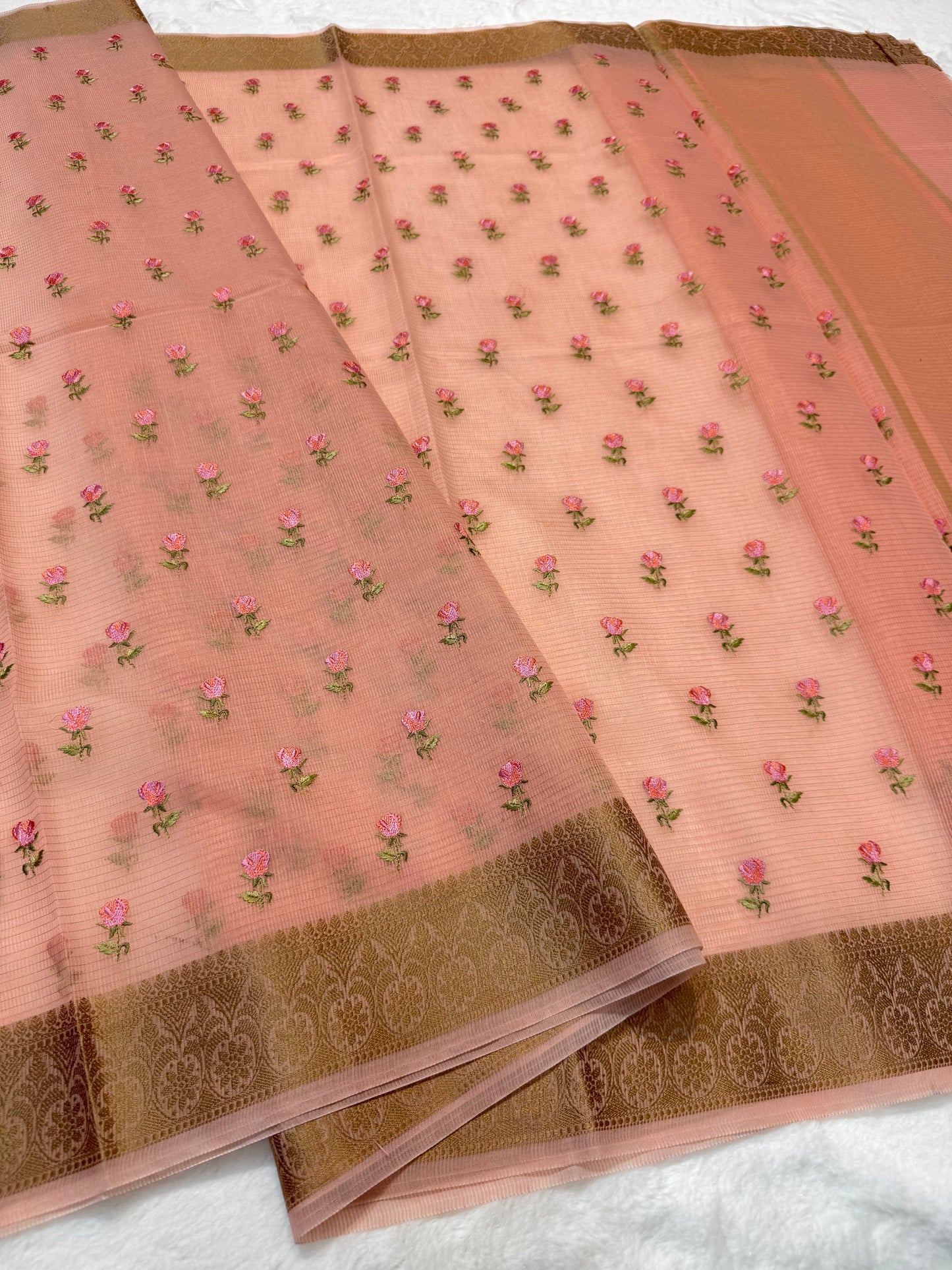 Peach shade cotton kota embroidery Banarasi saree
