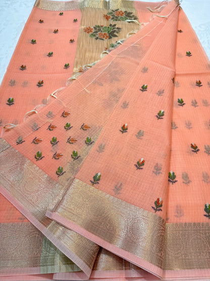 Peach shade cotton kota embroidery Banarasi saree