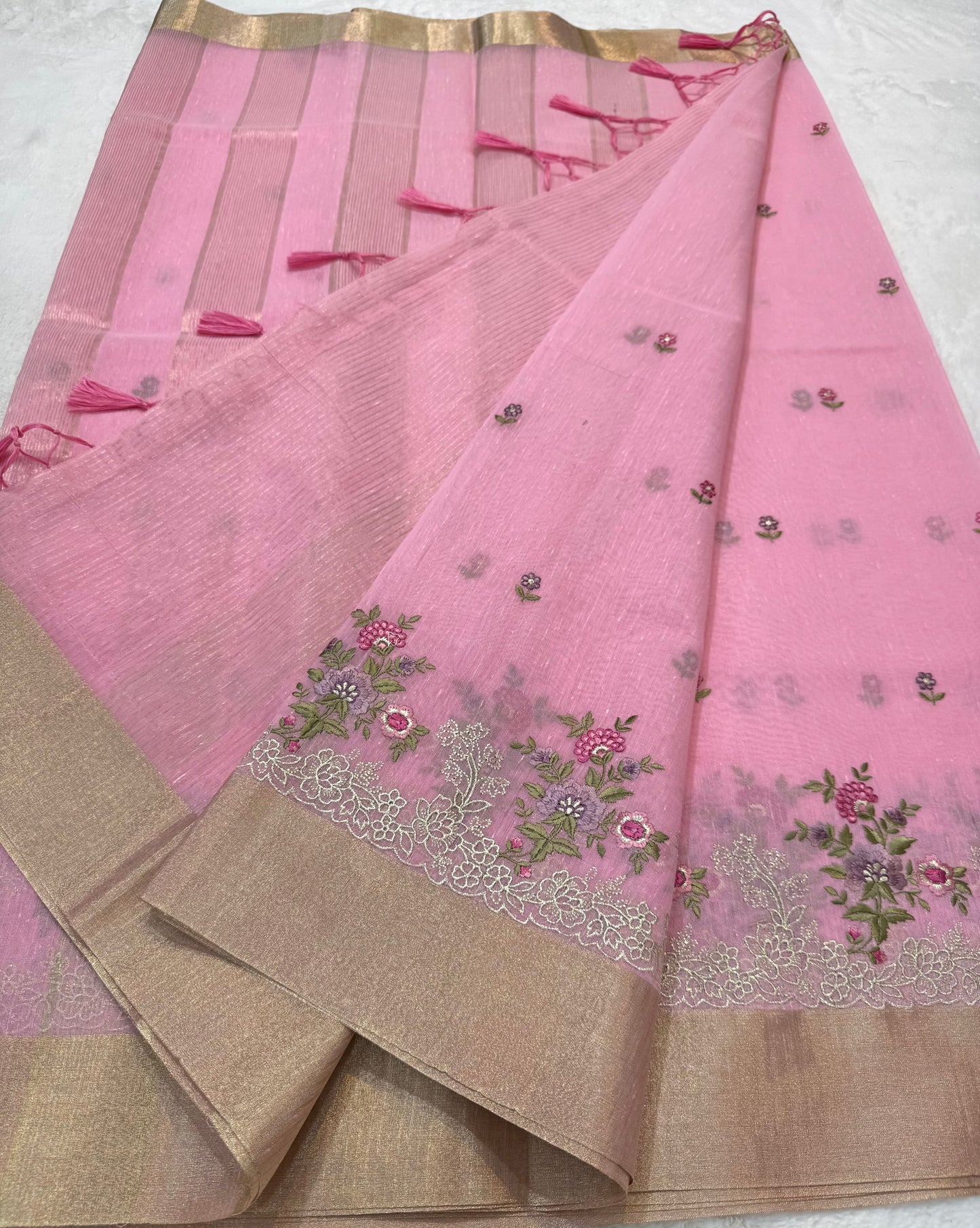Pink shade linen embroidery Banarasi saree
