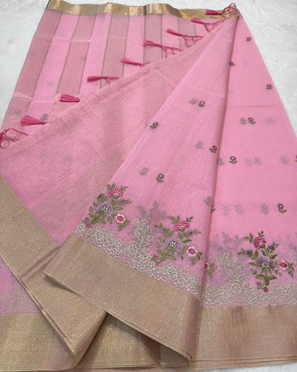 Pink shade linen embroidery Banarasi saree