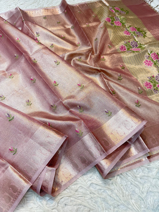 Peach shade tissue kota embroidery primum Banarasi saree