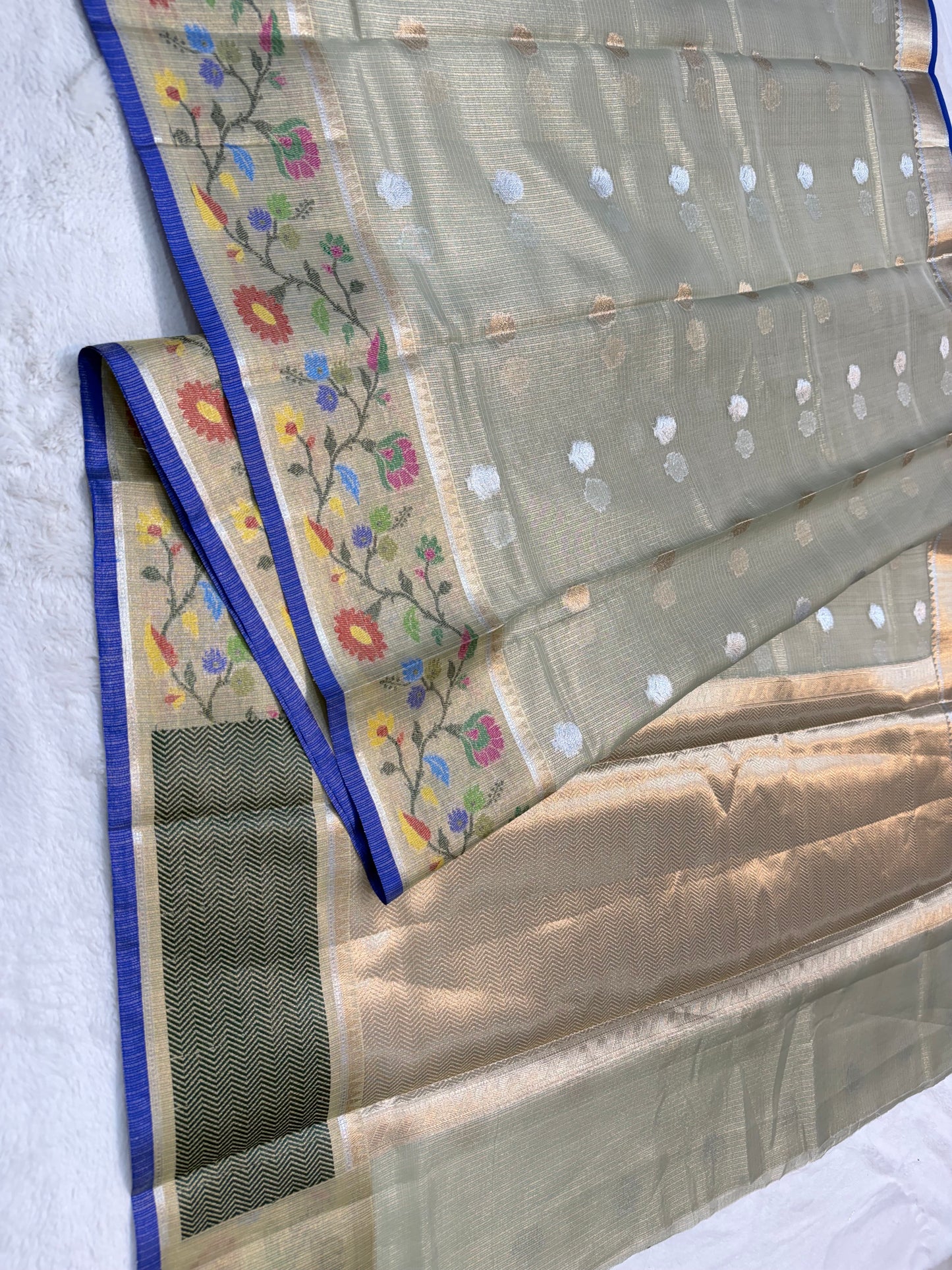 Pista green & multicolour shade tissue kota premium paithani border designer banarasi saree