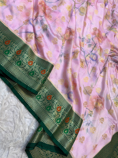 Pink & multicolour Dupion silk digital print Banarasi saree