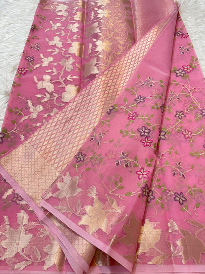 Peach shade kora organza embroidery banarasi saree