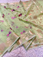 Pista green shade kora organza  embroidery Banarasi saree