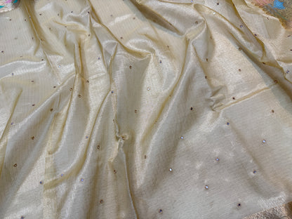 Beige shade tissue kota mirror work premium Banarasi saree