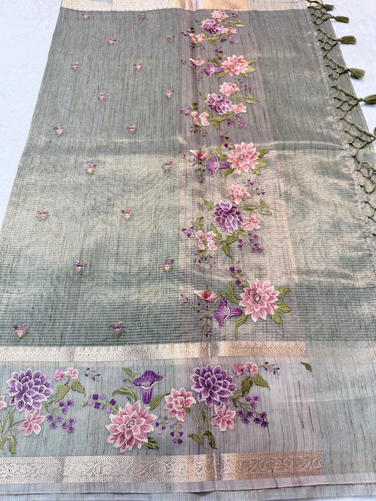 Pista green shade tissue linen designer embroidery premium Banarasi saree