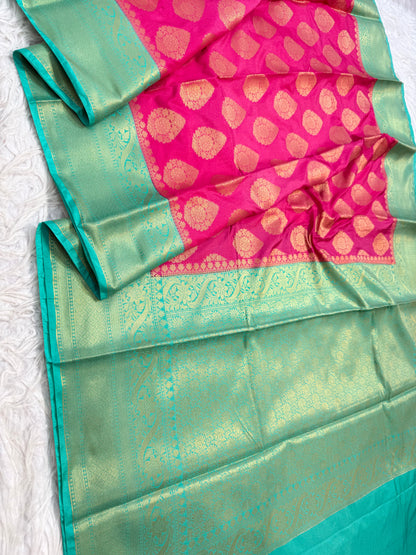 Royal pink & sea green shade Dupion Silk Banarasi Saree 