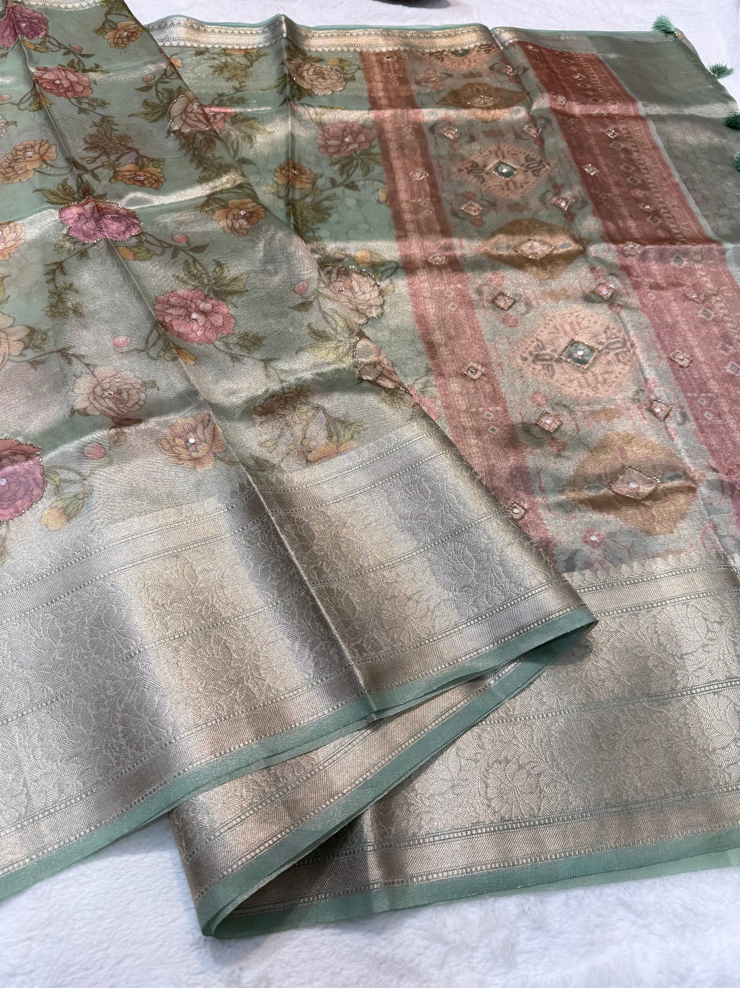 multicolour tissue silk digital print handwork premium Banarasi saree