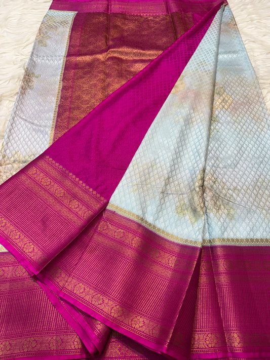 multicolour soft Dupion silk digital  print Banarasi saree