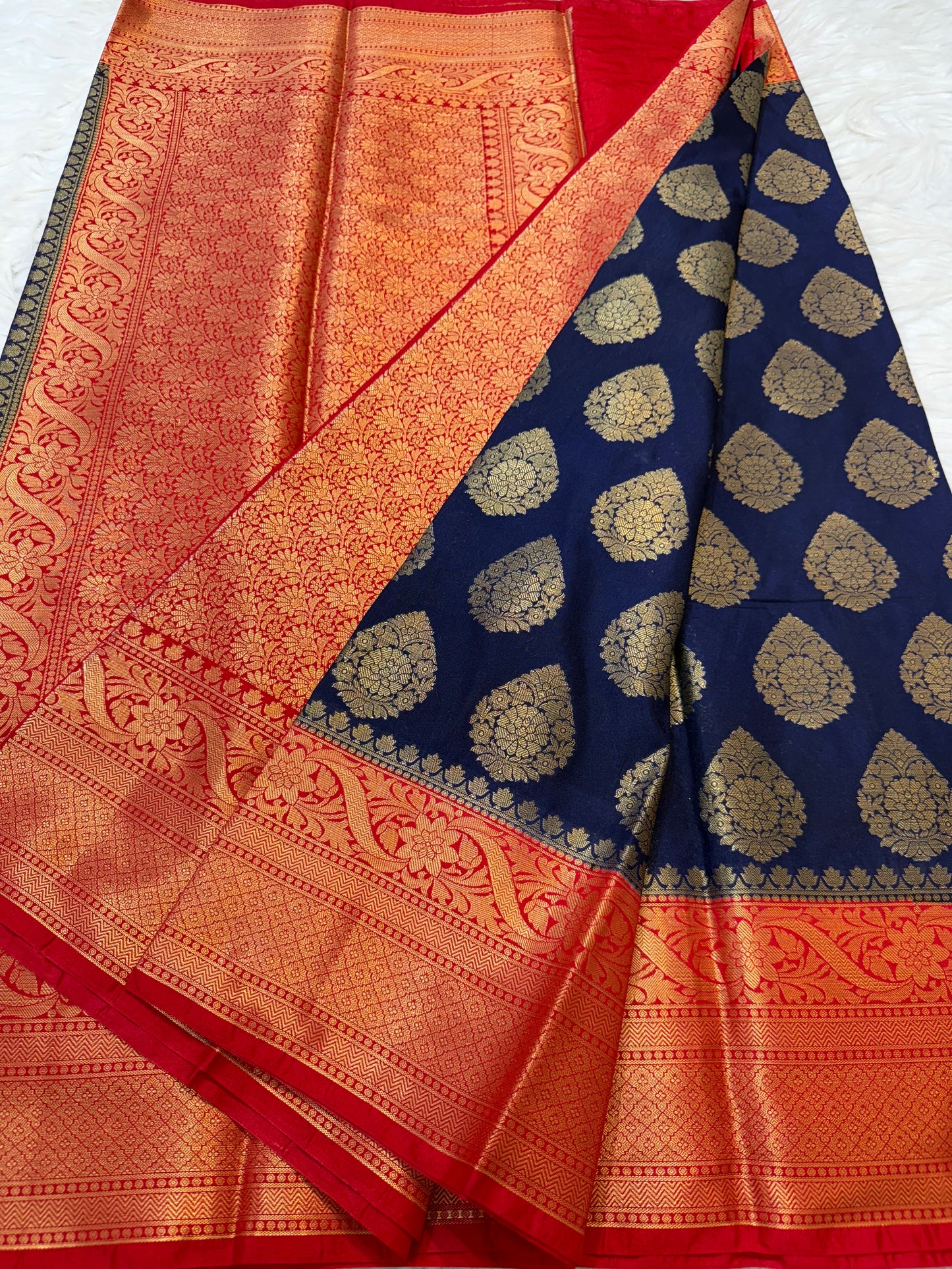 Navy & red shade Dupion Silk Banarasi Saree 