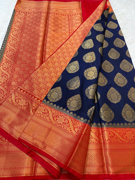 Navy & red shade Dupion Silk Banarasi Saree 