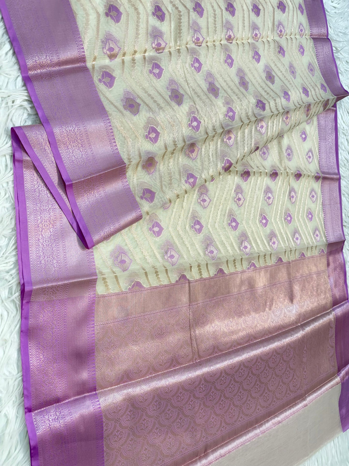 Off white & purple shade cotton premium Banarasi saree
