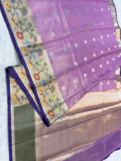Purple & multicolour shade tissue kota premium paithani border designer banarasi saree