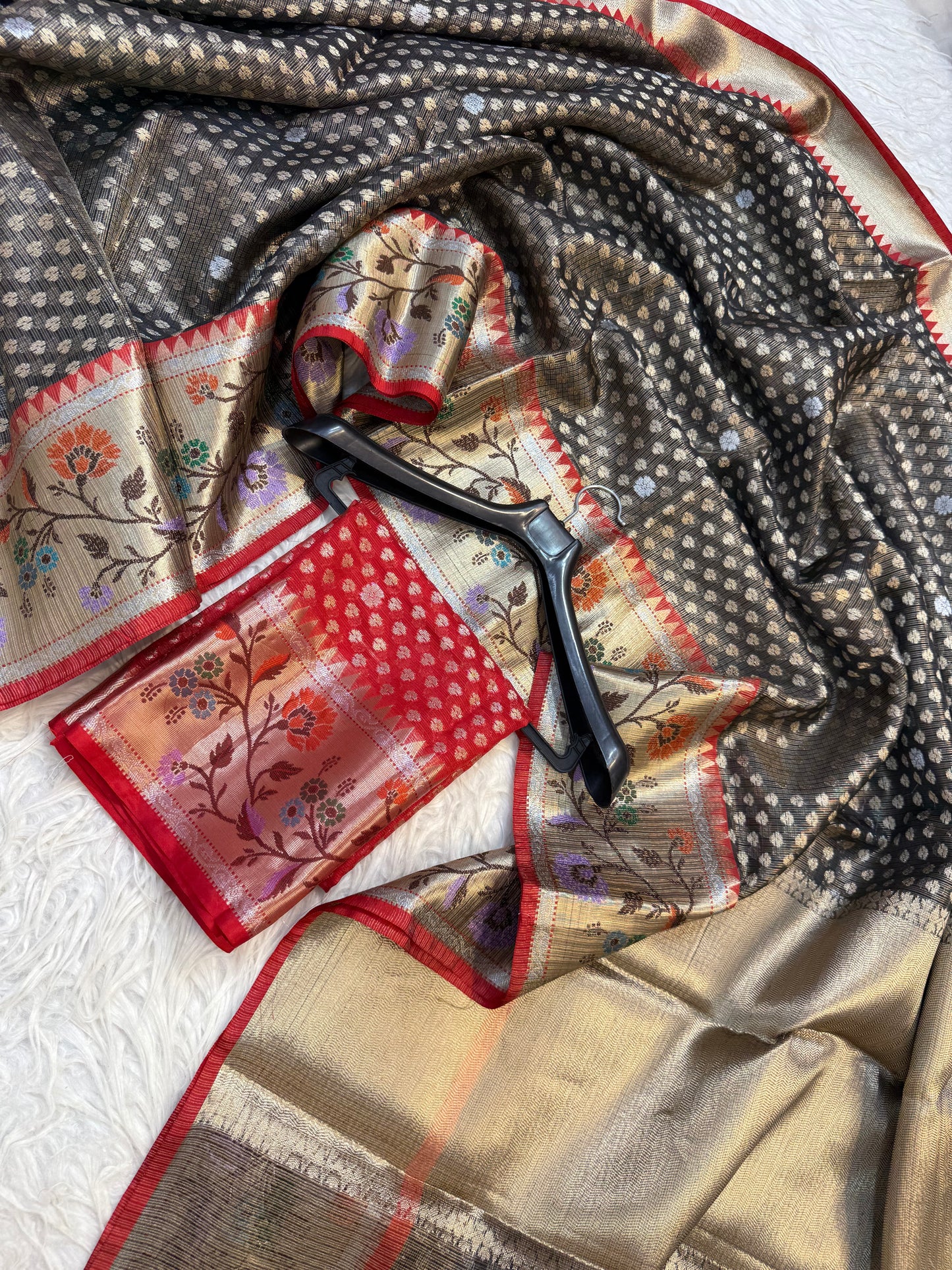 Black & red shade tissue kota premium paithani border banarasi saree