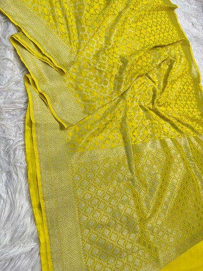 Yellow shade khaddi georgatte premium Banarasi saree