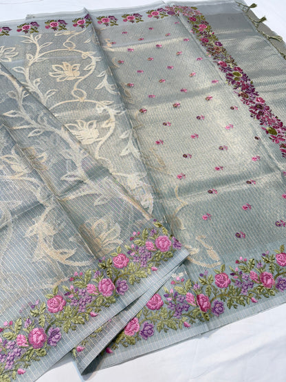 Pista green shade tissue kota embroidery primum Banarasi saree