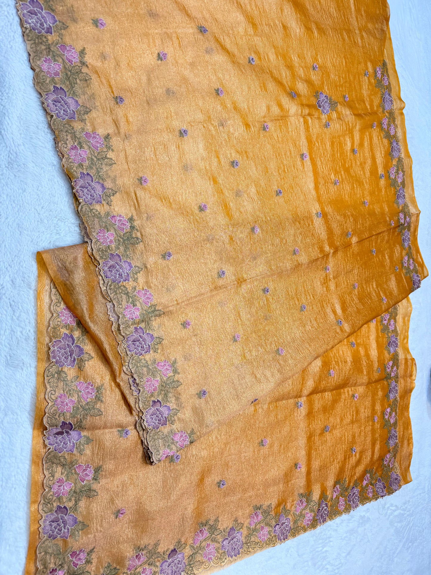 Gold shade tissue crush cutwork embroidery premium designer Banarasi saree