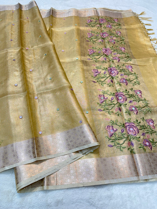 Gold kota tissue kota designer embroidery handwork premium Banarasi saree
