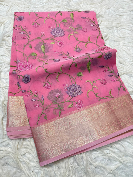 Pink shade organza embroidery Banarasi saree