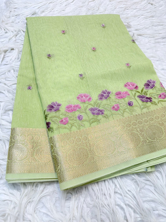 Pista green shade linen embroidery Banarasi saree