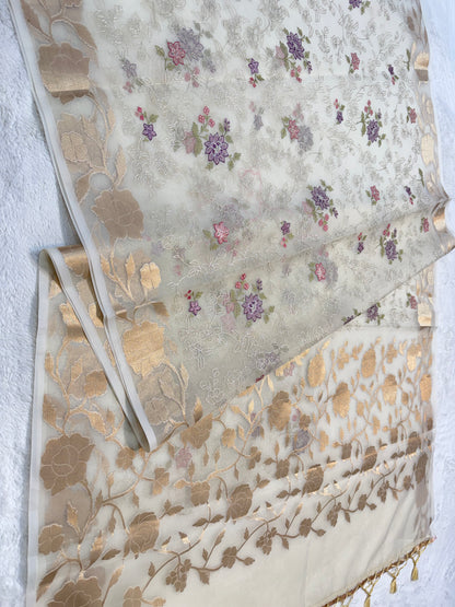 Off white shade organza designer  embroidery premium Banarasi saree