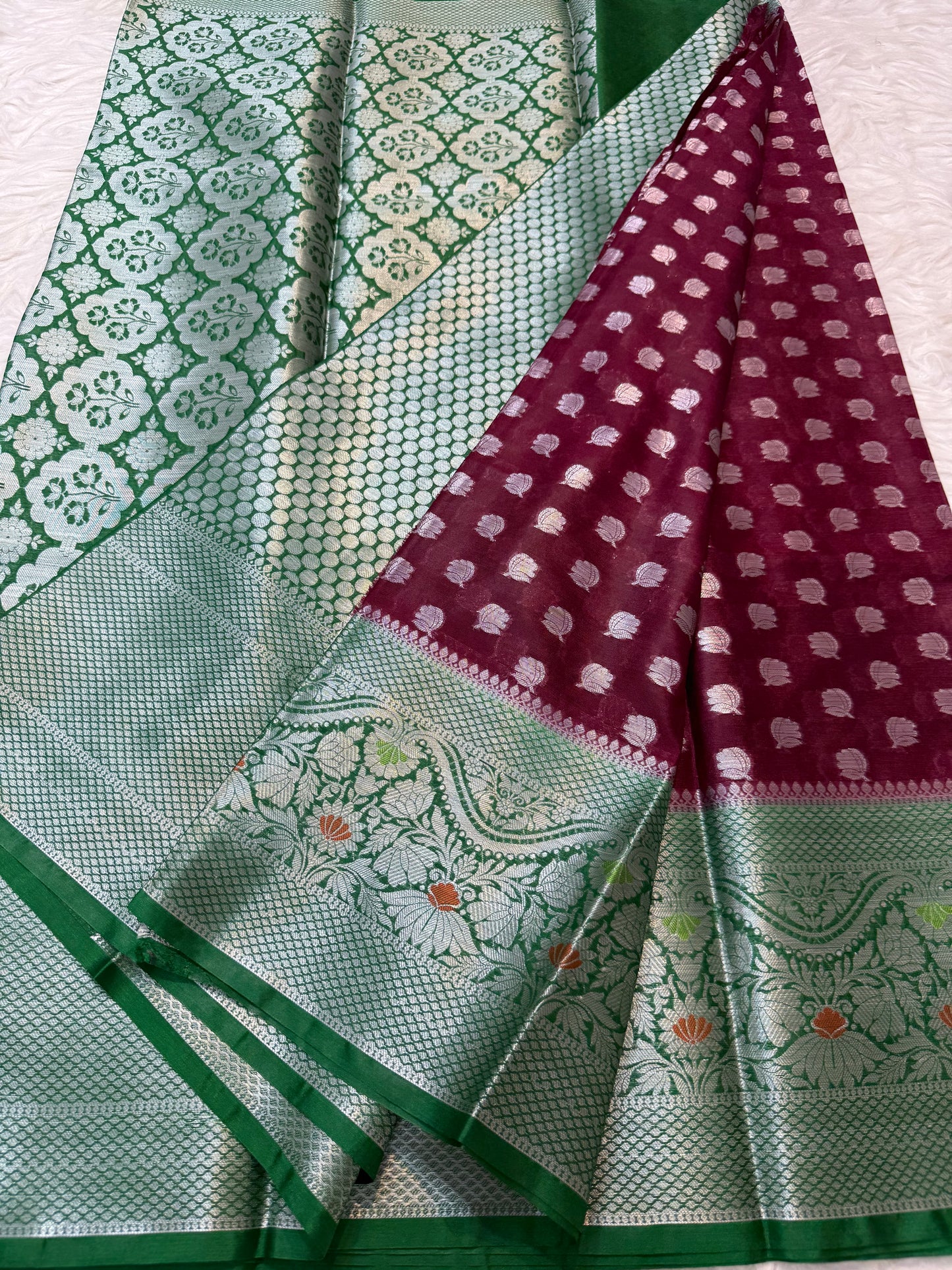 Maroon Bottle green  warm silk premium Banarasi saree