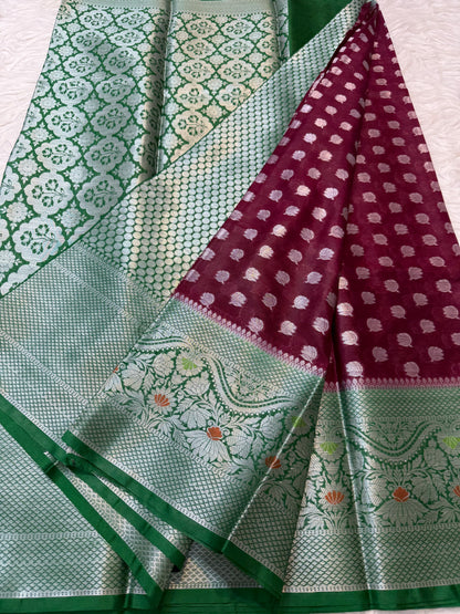 Maroon Bottle green  warm silk premium Banarasi saree