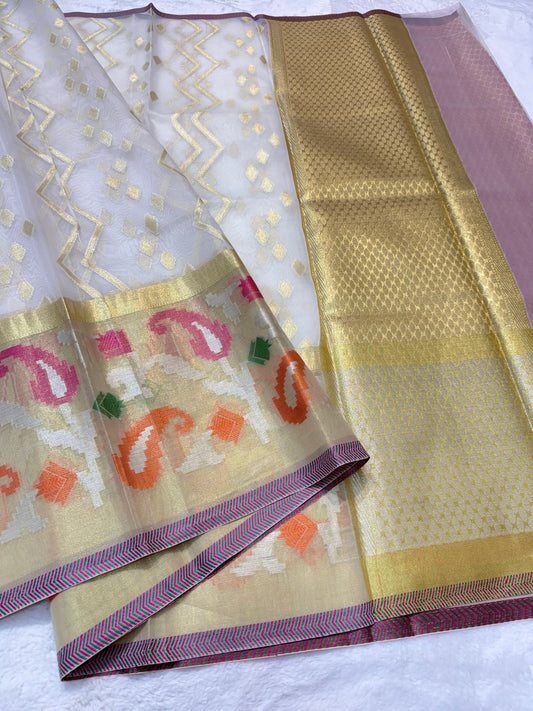 Off white & multicolour shade kora organza Banarasi saree