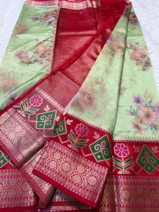 Pista green red Contrast Kora Organza Digital Print Banarasi saree