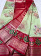 Pista green red Contrast Kora Organza Digital Print Banarasi saree
