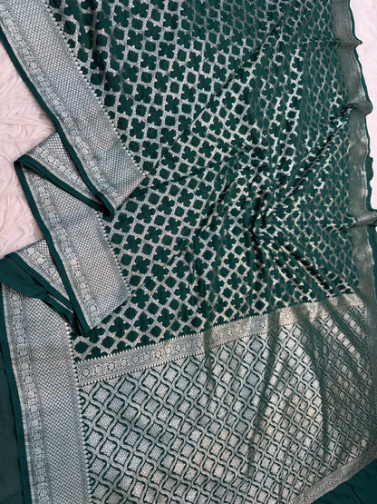 Bottle green  shade khaddi georgatte premium Banarasi saree