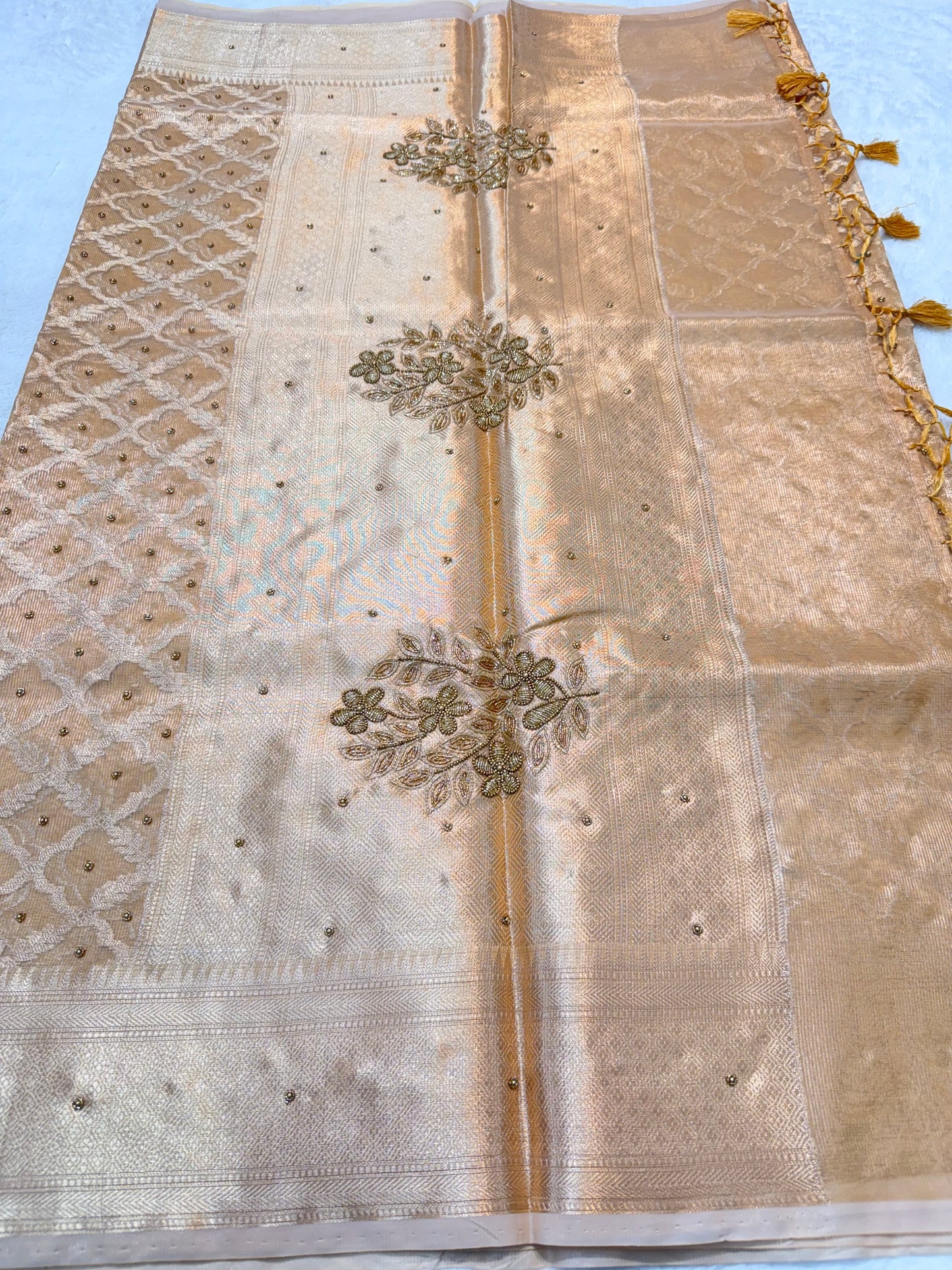Gold shade tissue kota designer handwork premium Banarasi saree
