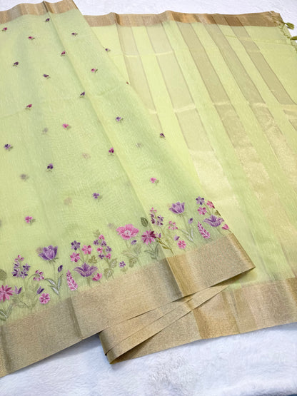 Pista green shade linen embroidery premium Banarasi saree