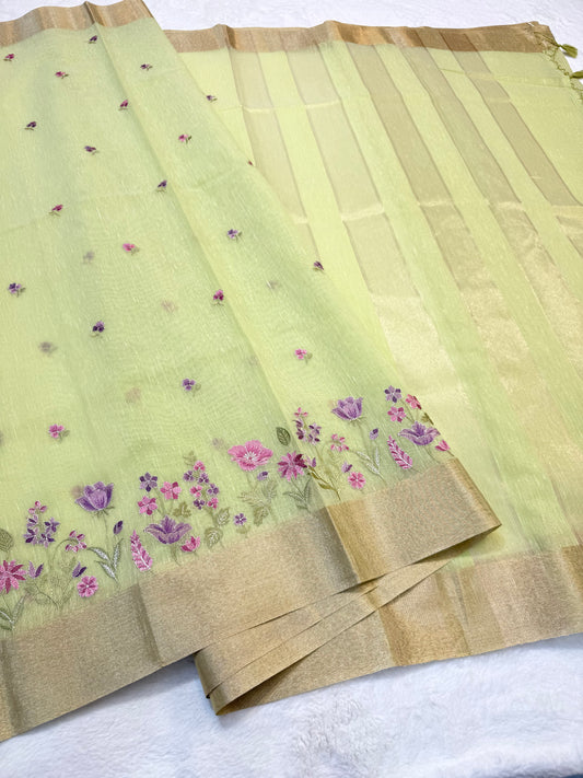 Pista green shade linen embroidery premium Banarasi saree