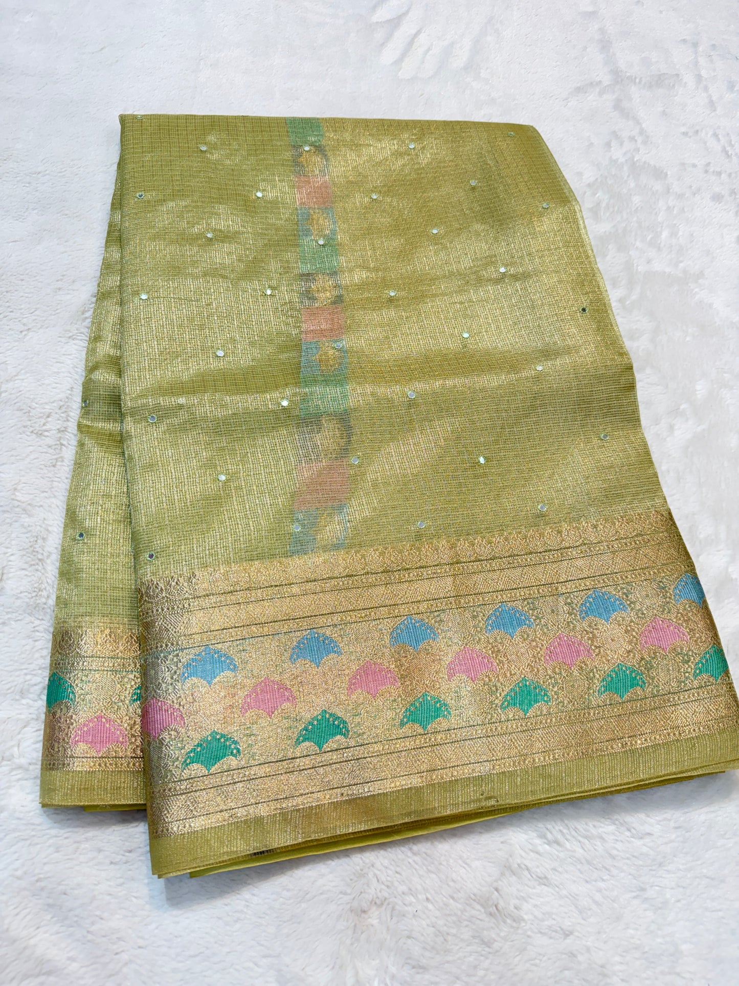 Pista green shade tissue kota mirror work premium Banarasi saree