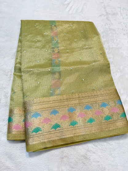Pista green shade tissue kota mirror work premium Banarasi saree