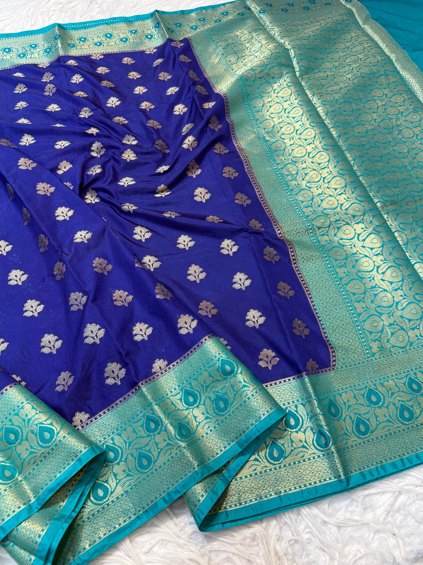 Royal blue sea green shade Dupion Silk premium Banarasi Saree