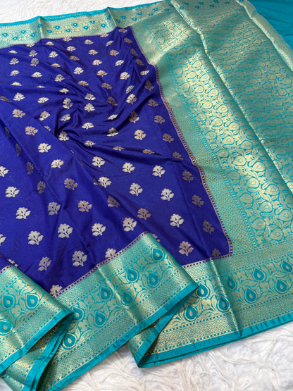 Royal blue sea green shade Dupion Silk premium Banarasi Saree