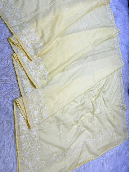 Safety yellow shade cotton kota chickenkari embroidery Banarasi saree