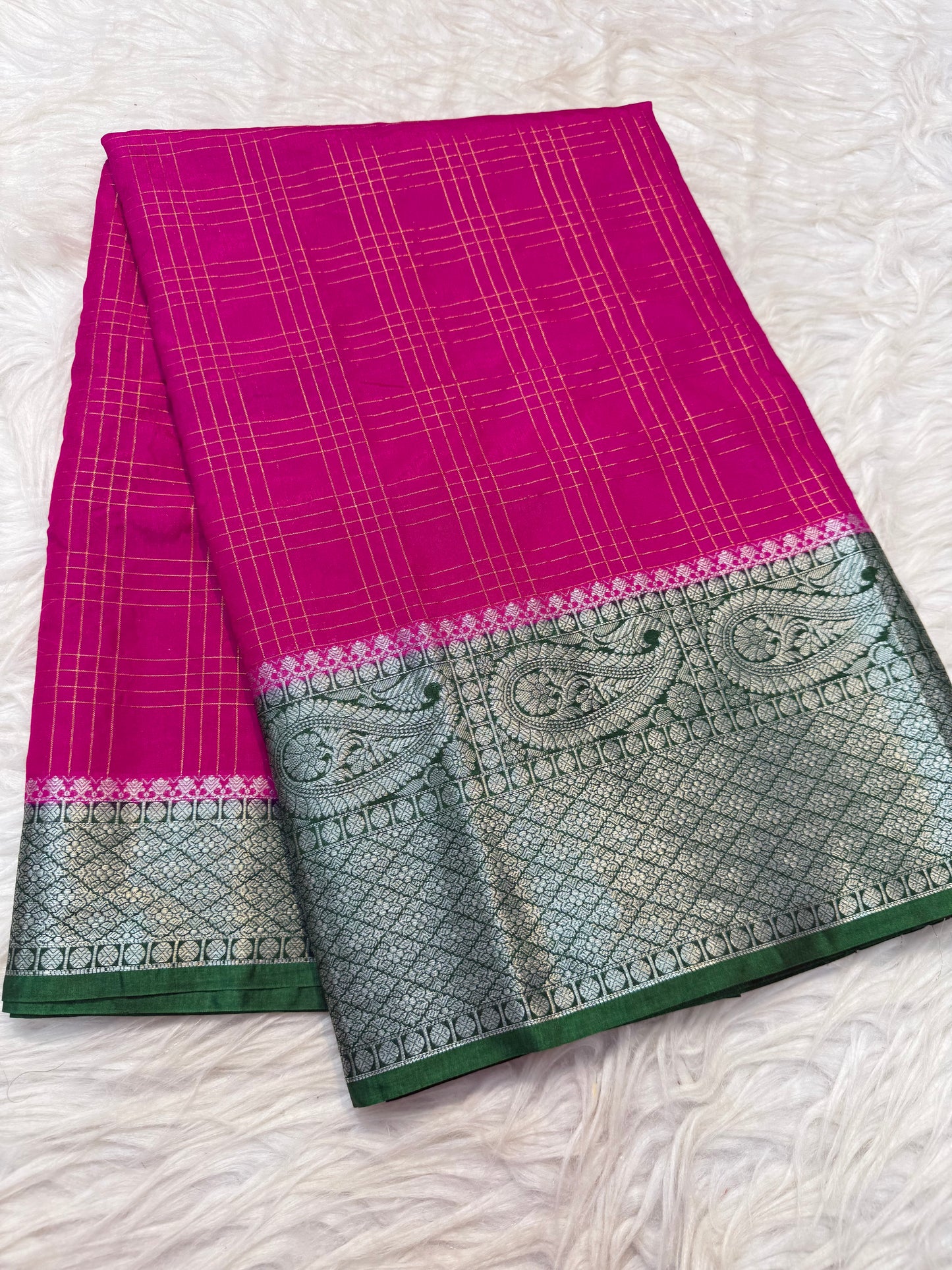royal pink & bottle green shade  Dupion Silk premium Banarasi Saree