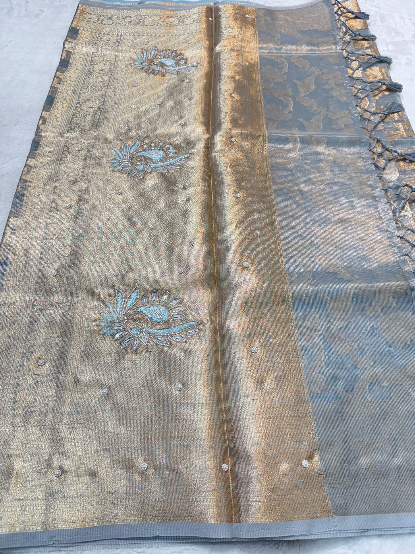 Light slate blue tissue kota designer handwork premium Banarasi saree