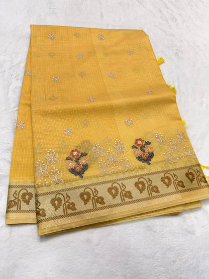 Yellow shade kota designer embroidery Banarasi saree