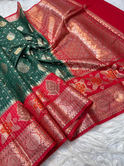 Bottel green & red Chiniya Silk premium Banarasi Saree